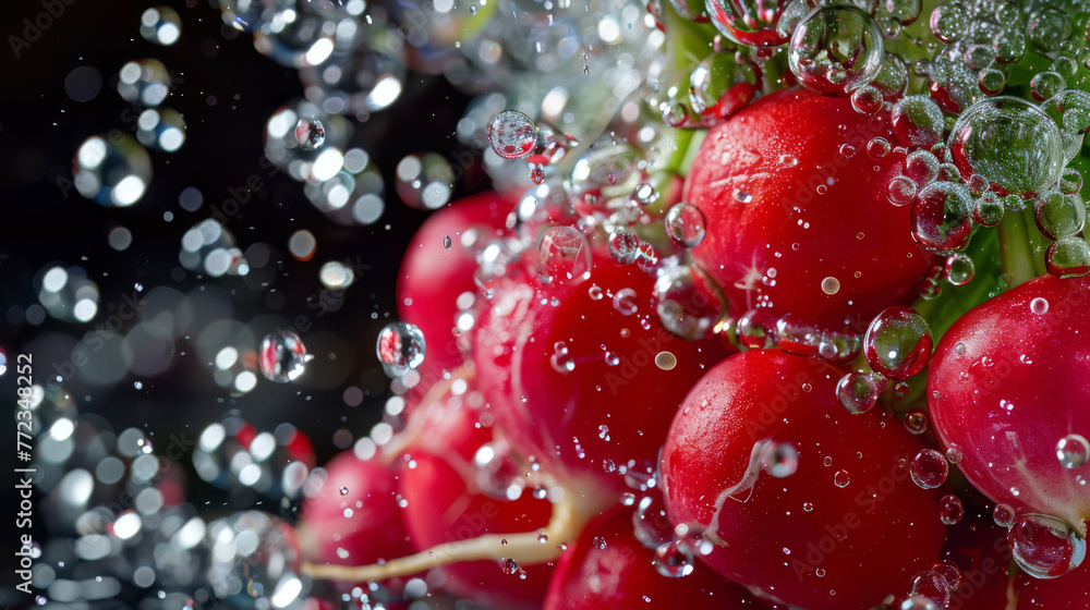 Radishes making a crisp splash, bubbles enveloping them in vivid color Radishes making a crisp splash, bubbles enveloping them in vivid color