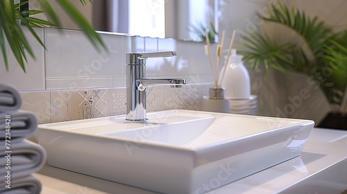 A white square sink is placed atop a bathroom counter  showcasing modern and clean design. The faucet complements the sink  adding functionality to the space.