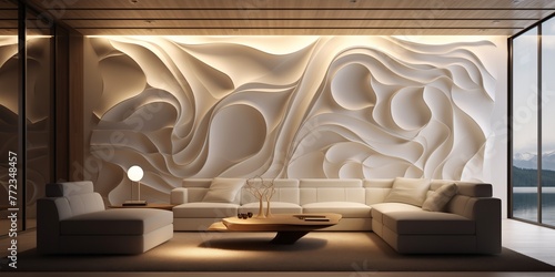 Futuristic lighting fixtures illuminating a contemporary living space with innovative 3D wall textures.