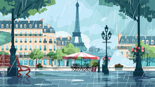 Square in Paris under the rain vector illustration