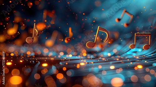 3d render of abstract background with music notes on blue background.