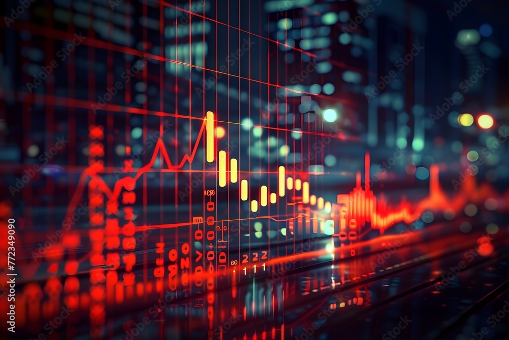 Fototapeta premium Stock Market Recession and Losses ,downtrend line graph on dark red color background 