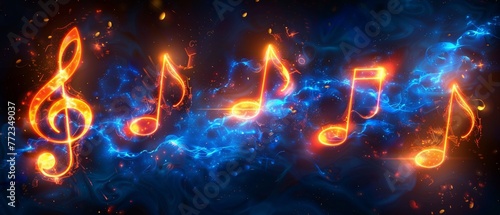 An icon of digital notes in the style of neon, representing music, a song, a melody, or a tune.