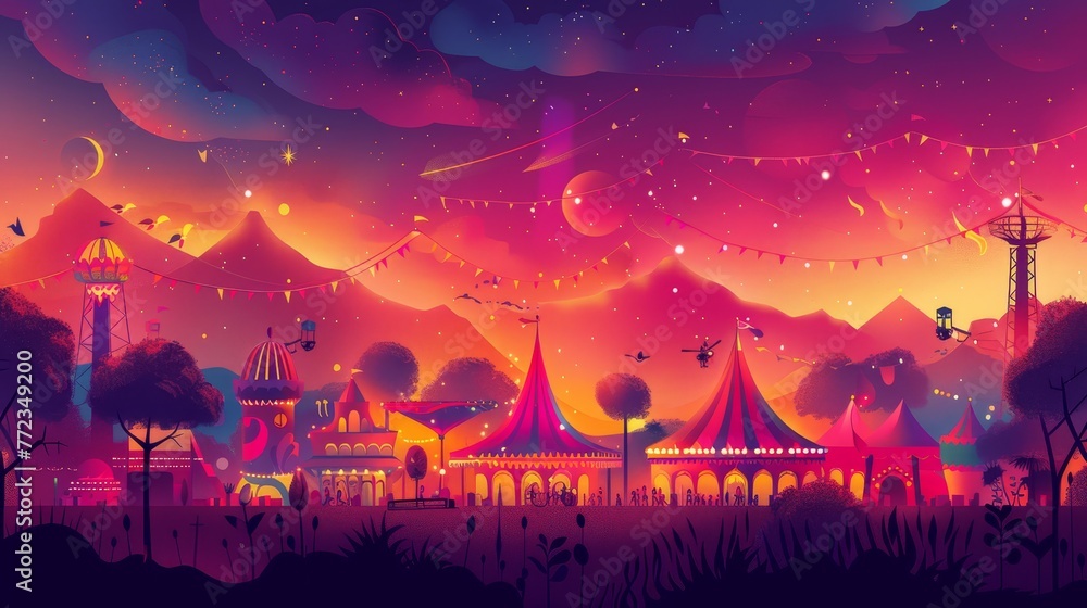 A colorful, fantastical scene of a carnival with a large tent in the foreground. The sky is filled with stars and a large planet is visible in the background. The atmosphere is lively and fun A colorful, fantastical scene of a carnival with a large tent in the foreground. The sky is filled with stars and a large planet is visible in the background. The atmosphere is lively and fun
