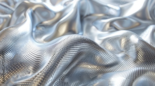 A silver fabric with a shiny, reflective surface. The fabric is draped in a way that creates a sense of movement and fluidity. The image evokes a feeling of elegance and sophistication
