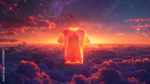 A shirt is floating in the sky with a bright orange glow. The sky is filled with clouds and stars, creating a dreamy and surreal atmosphere. The shirt seems to be glowing, almost as if it's alive