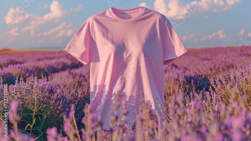 A pink shirt is displayed in a field of purple flowers. The shirt is the only object in the image, and it is the main focus of the scene. The field of flowers creates a peaceful and serene atmosphere