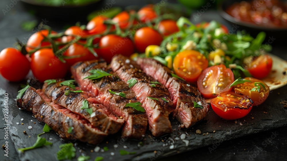 Soft sliced roasted and overcooked ribeye steak, several cherry tomatoes, red peppers and tortilla wraps with salad clippings on dark slate background, copy space, hyper resolution high definition.