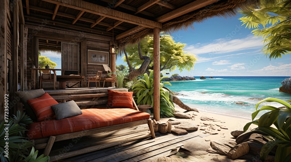 A rustic wooden cabin's porch featuring cozy cushions, overlooking a scenic view of a tranquil blue ocean and lush palms in the beach. Generative AI.