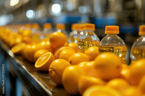 Freshly picked oranges on conveyor belt next to bottles of orange juice  ready for production