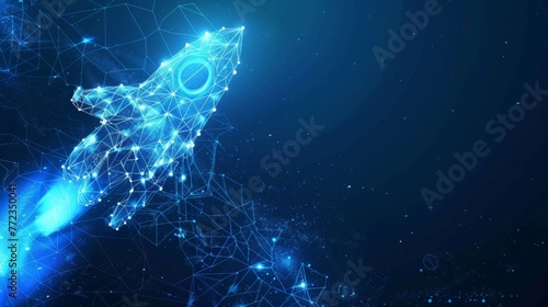 Abstract blue giving hand with rocket launch concept. Low poly style design. Modern 3d graphic geometric background. Wireframe light connection structure. Isolated illustration.