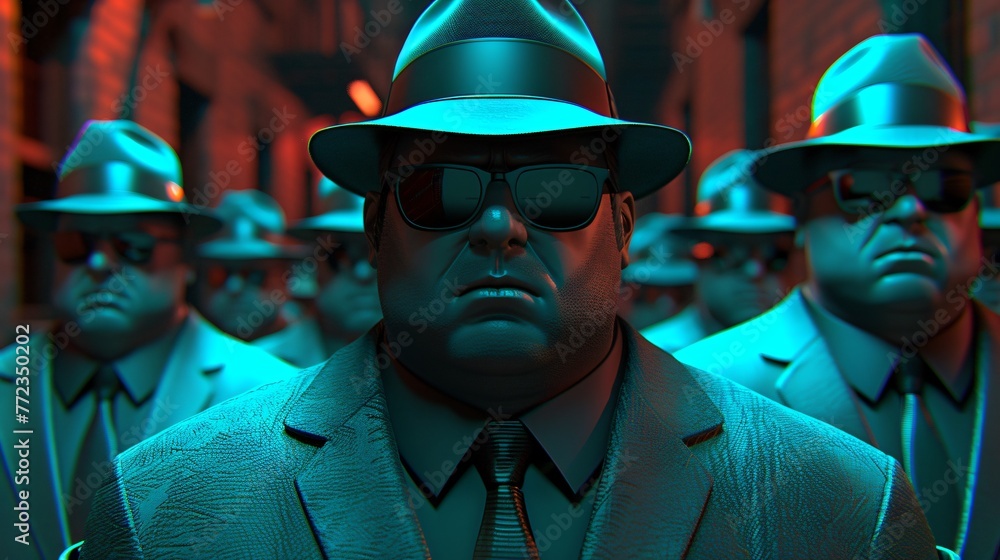 Mafia leader confidently facing the world his loyal subordinates lined up in support