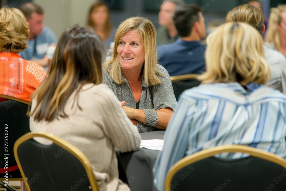 Group of professional women engaging in conversation during a networking event in a casual setting. Group of professional women engaging in conversation during a networking event in a casual setting.