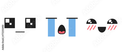 Kawaii Unhappy, Crying Or Shy Face Emojis Feature Large, Square, Glistering Expressive Eyes, Tears, Blushing Cheeks