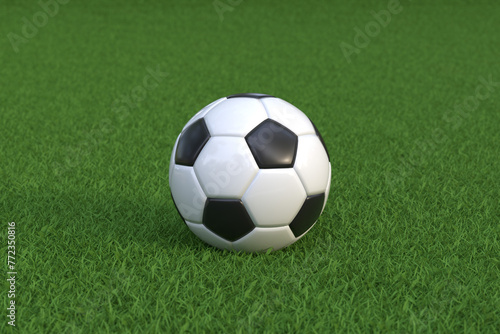 A traditional black and white soccer ball rests on a vibrant green grass pitch, evoking the spirit and passion of the sport of football. 3D Render illustration © Andrii