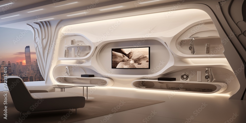 High-tech entertainment center integrated seamlessly into a futuristic 3D wall design.