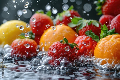 A fresh fruits or vegetables with water droplets creating a splash advertising food photography