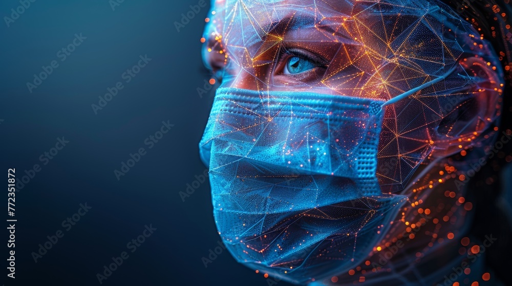 This is a protective face mask. The mask has a low poly wireframe style. It protects us from viruses, bacteria, and smog. A symbol of protection against the flu. Polygon abstract isolated on blue - obrazy, fototapety, plakaty 