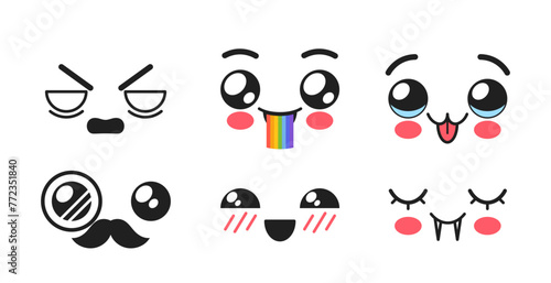 Kawaii Facial Expressions, Emojis Set. Angry, Bloat With Rainbow, Smile, Mustached Gentleman With Monocle