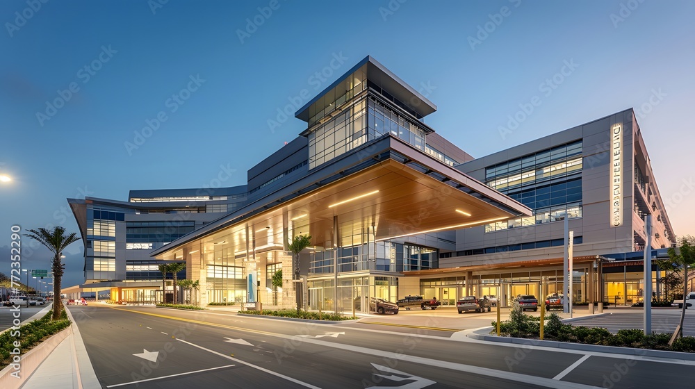3D rendering of a hospital building. Modern medical facility exterior. AI Image
