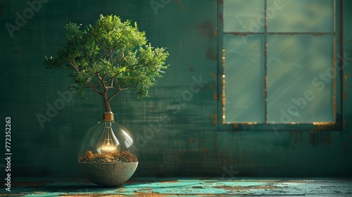 A green tree grows out of a bulb as an eco concept.