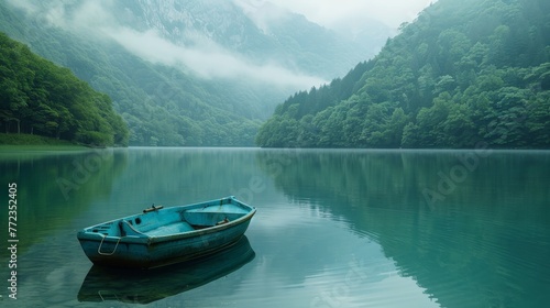 A small blue boat sits in a lake surrounded by trees. The water is calm and the sky is cloudy. The scene is peaceful and serene, with the boat being the only object in the water © Rattanathip
