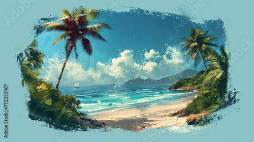 A painting of a beach with palm trees and a sailboat in the water. The mood of the painting is peaceful and relaxing