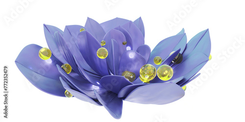 3D Render of Flower and Transparent Golden Balls