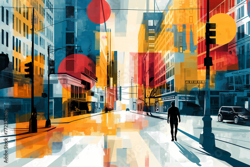 Vivid vector cityscape with a silhouette of a pedestrian crossing, illuminated by the warm glow of sunset amidst high-rises Urban dawn in a vector illustration, highlighting a lone figure's commute