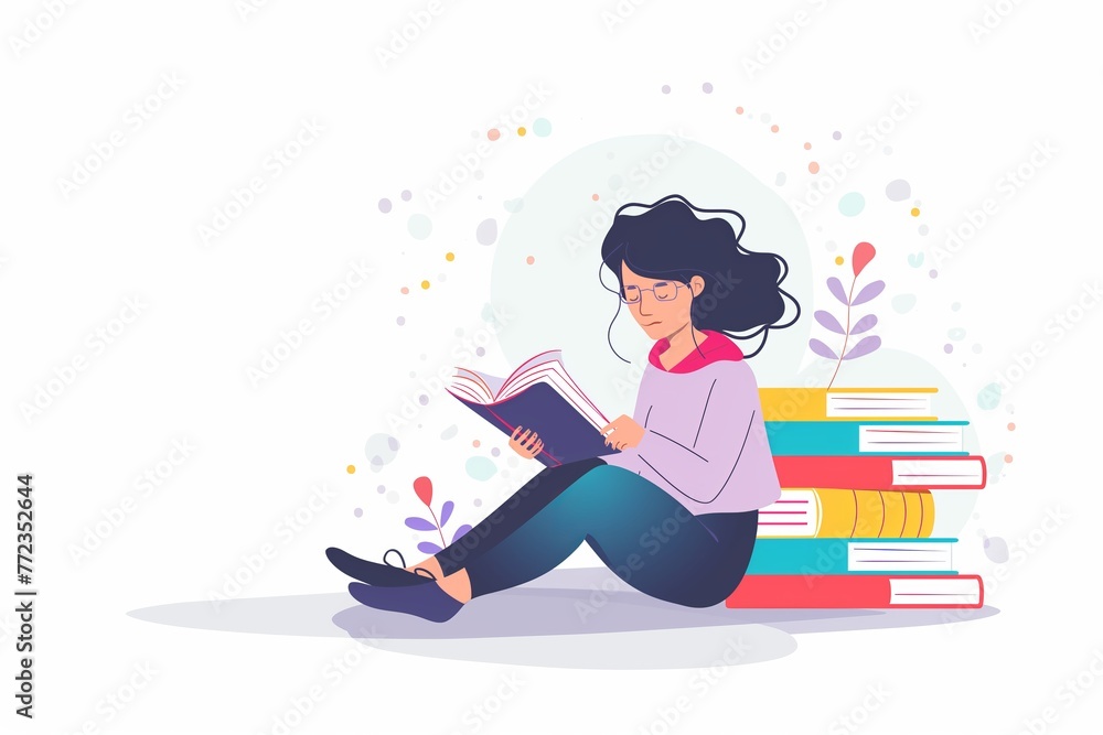 Girl reading a book, sitting while leaning on a pile of books, learning and reading concepts. cute flat cartoon illustration Girl reading a book, sitting while leaning on a pile of books, learning and reading concepts. cute flat cartoon illustration