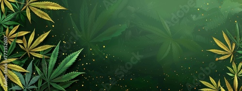 Cartoon marijuana on the left side on the abstract green and gold background with copy space