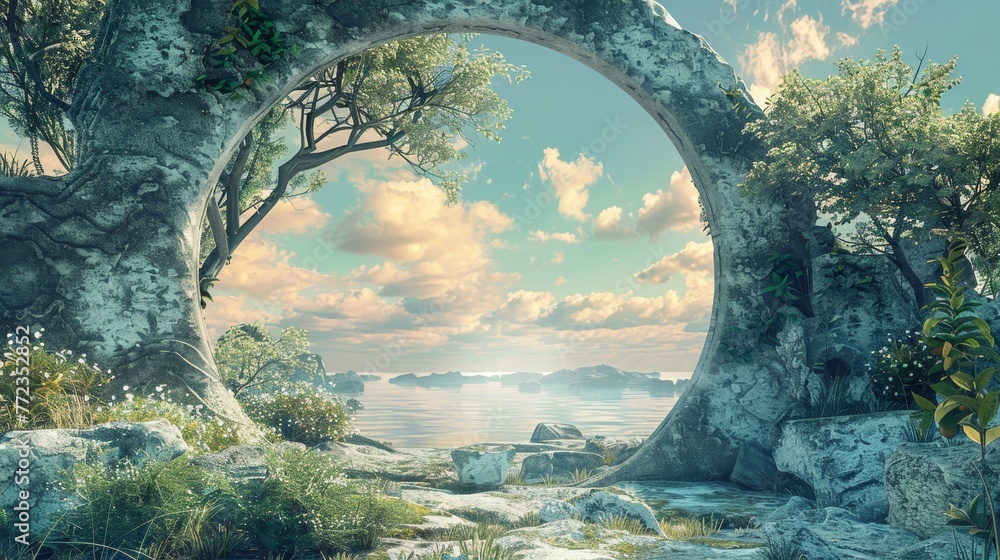 Fototapeta premium A large rock archway with trees on either side. The archway is surrounded by a lush green forest and a body of water. The sky is cloudy, but the sun is still shining through the clouds