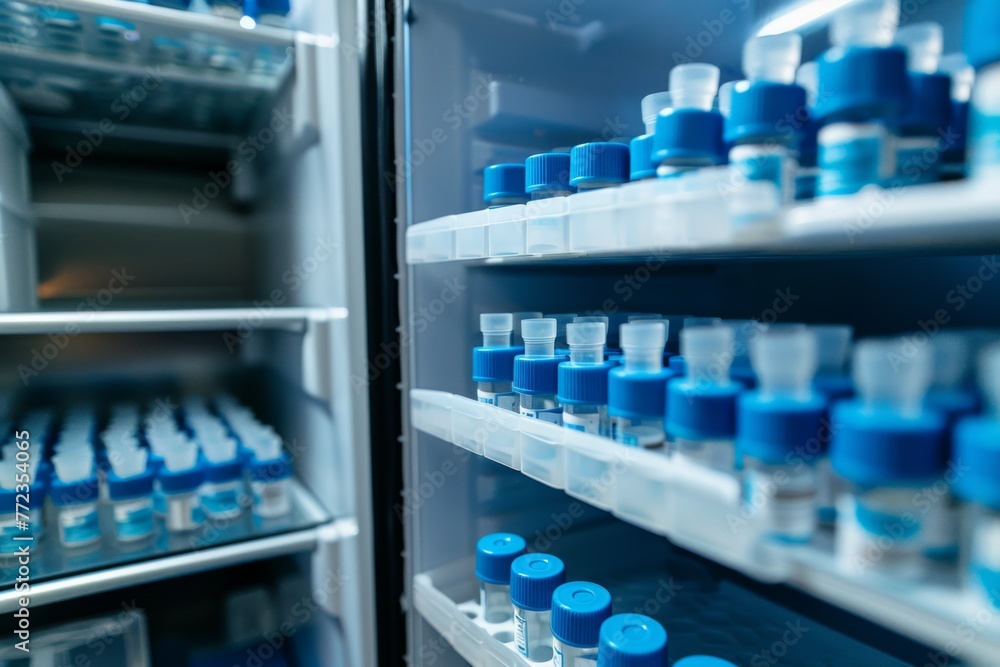 An open refrigerator stocked with multiple blue-capped vaccine vials, representing healthcare and medical storage. - obrazy, fototapety, plakaty 