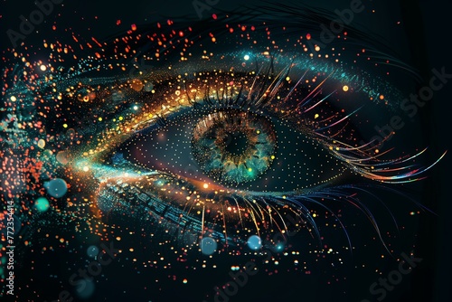 an eye made of digital particles, holographic neon