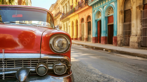 Close-up of the front of a red retro car is parked on a street in Cuba against a backdrop of colorful buildings. Generated AI © Elena