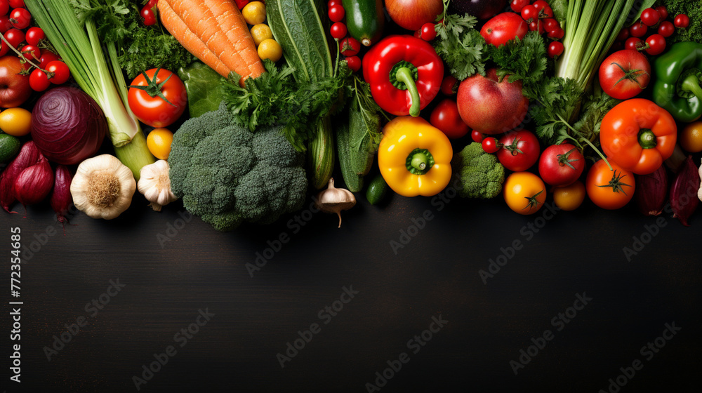 Wide collage of fresh fruits and vegetables for layout isolated on white background. Copy space, Generate AI
