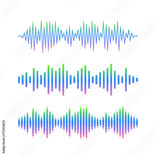 Sound Wave Symbols Represent Music, Waveform And Audio. Abstract Frequency Pulse Peaked Signs, Indicative Volume