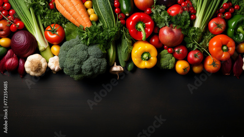Wide collage of fresh fruits and vegetables for layout isolated on white background. Copy space  Generate AI