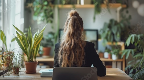 Back view of young businesswoman working with laptop at desk in modern office
