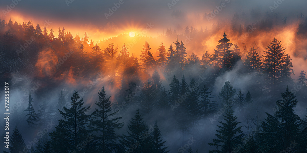 Sunrise in the Tall Trees. Olympic National Forest in Olympic National Park.  generative ai  - obrazy, fototapety, plakaty 