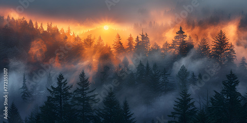 Sunrise in the Tall Trees. Olympic National Forest in Olympic National Park. generative ai 