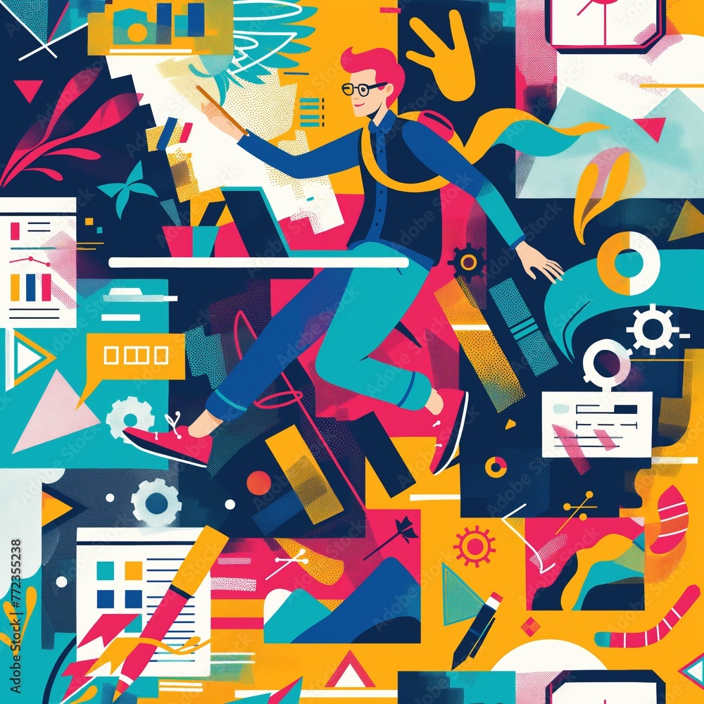 A creative person flying in the realm of his imagination during work, colorful modern surreal abstract art cartoon illustration A creative person flying in the realm of his imagination during work, colorful modern surreal abstract art cartoon illustration