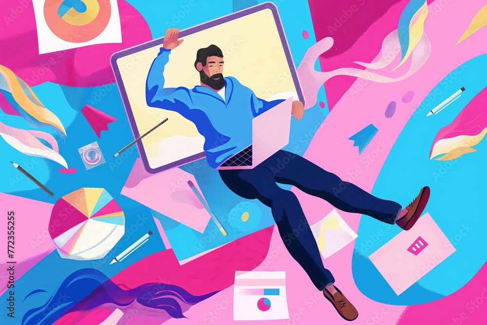 A creative person flying in the realm of his imagination during work, colorful modern surreal abstract art cartoon illustration A creative person flying in the realm of his imagination during work, colorful modern surreal abstract art cartoon illustration