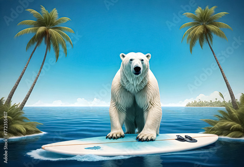 a polar bear is standing on a surfboard with palm trees in the background photo