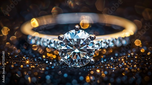 This image shows a close-up of a diamond ring on a black background. The ring is made of white gold and has a round diamond in the center. The diamond is surrounded by smaller diamonds.