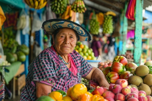 Local Market Vendor with Fresh Fruits in a Colorful Traditional Setting