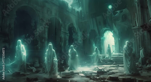 Glowing ghostly children playing hide and seek in an ancient manor photo