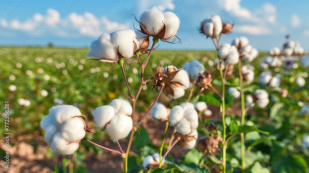 Cotton plants bloom under a sunny sky in the natural landscape Cotton plants bloom under a sunny sky in the natural landscape