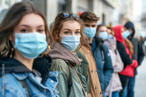 A group of young adults standing in line outside, all wearing protective face masks, capturing the new normal during a pandemic.