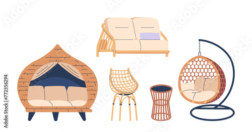 Garden Outdoor Furniture Set. Hanging Egg-Shaped Chair, Patio Daybed, Sofa, Wicker or Rattan Chair and Armchair photo